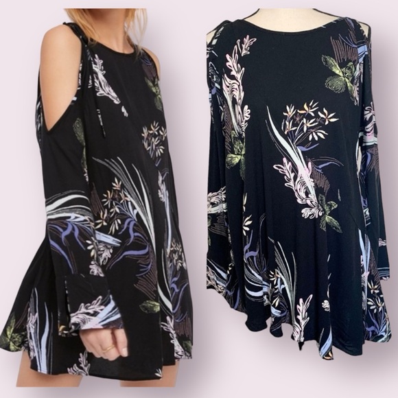 Free People Mini Dress Clear Skies Cold Shoulder Black Floral Long Sleeve XS - Picture 1 of 14